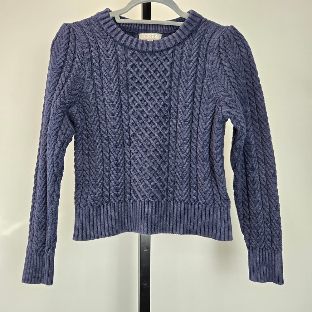 J. Crew Cable-Knit‎ Puff-Sleeve Crewneck Sweater Blue Navy Cotton XS Preppy
